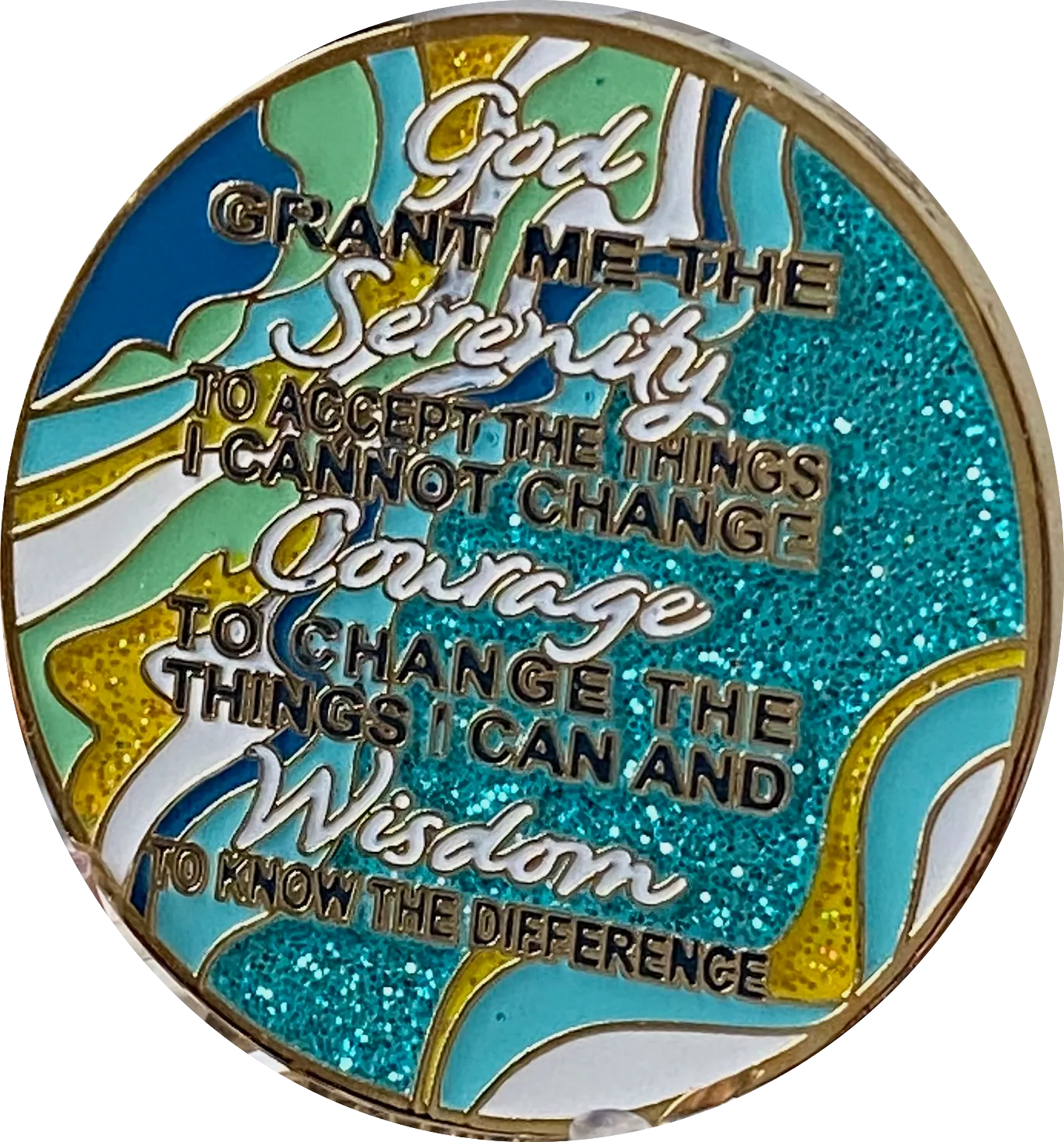 34 Year AA Medallion Elegant Caribbean Aqua Glitter Teal Marble Gold Sobriety Chip