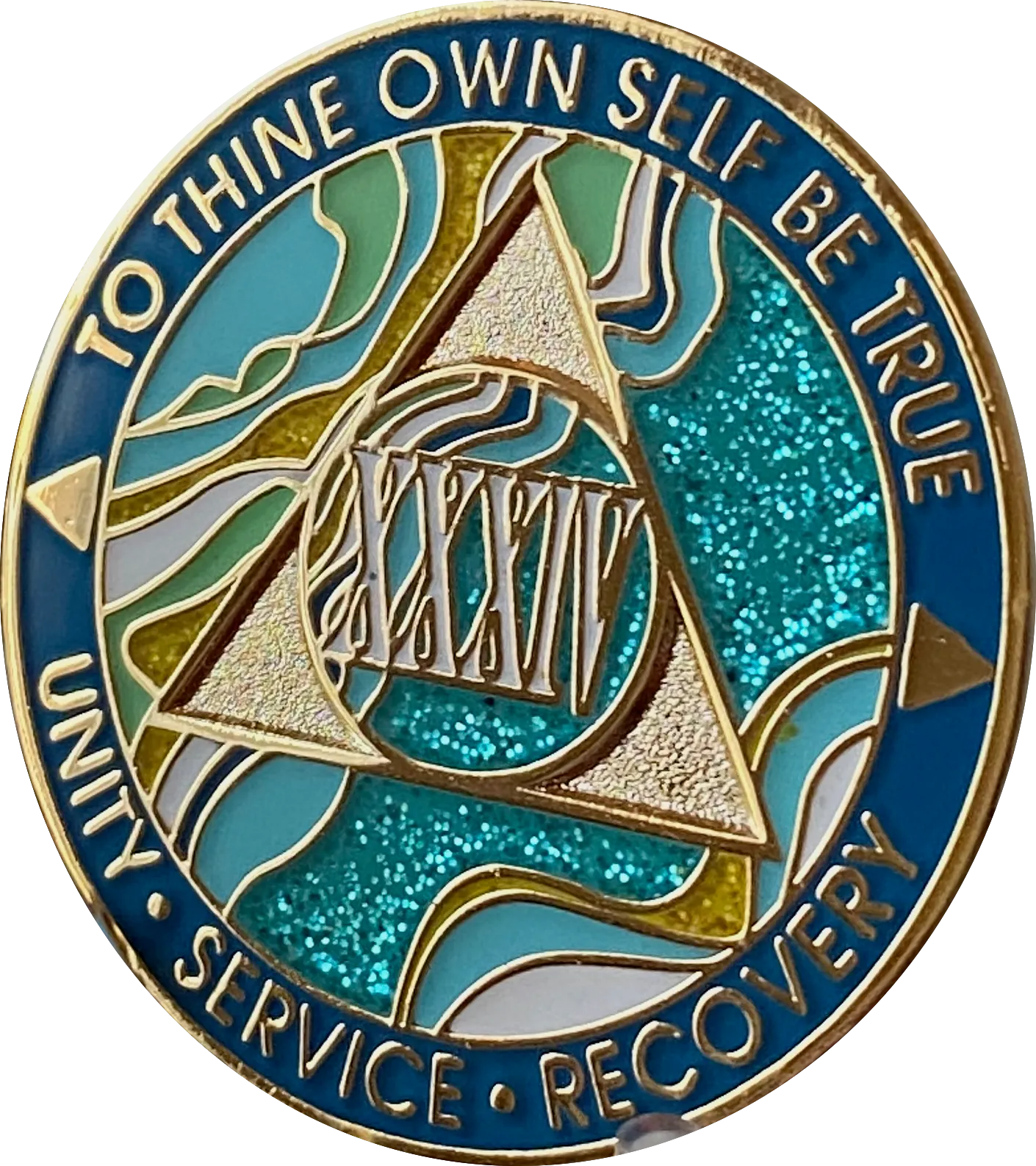 34 Year AA Medallion Elegant Caribbean Aqua Glitter Teal Marble Gold Sobriety Chip