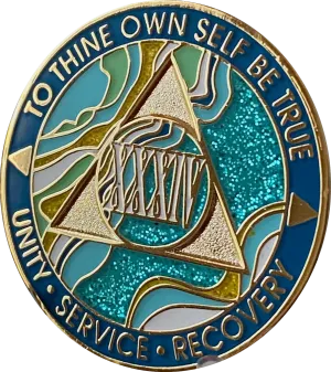 34 Year AA Medallion Elegant Caribbean Aqua Glitter Teal Marble Gold Sobriety Chip