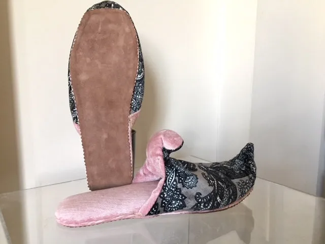 Babouche slippers in a vintage washed out paisley printed velvet