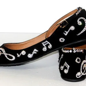 Black Music Note Ballet Flats: Swarovski Crystals