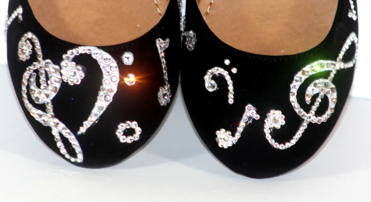 Black Music Note Ballet Flats: Swarovski Crystals