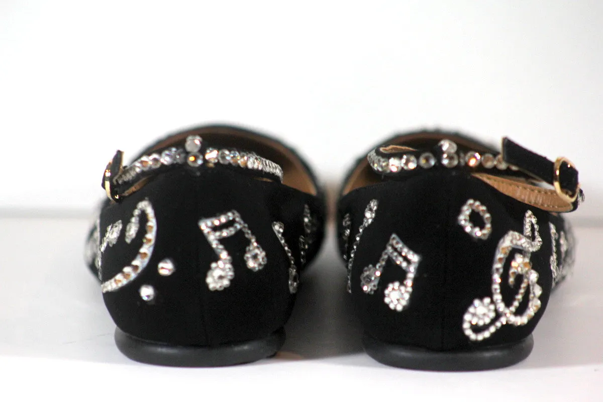 Black Music Note Ballet Flats: Swarovski Crystals