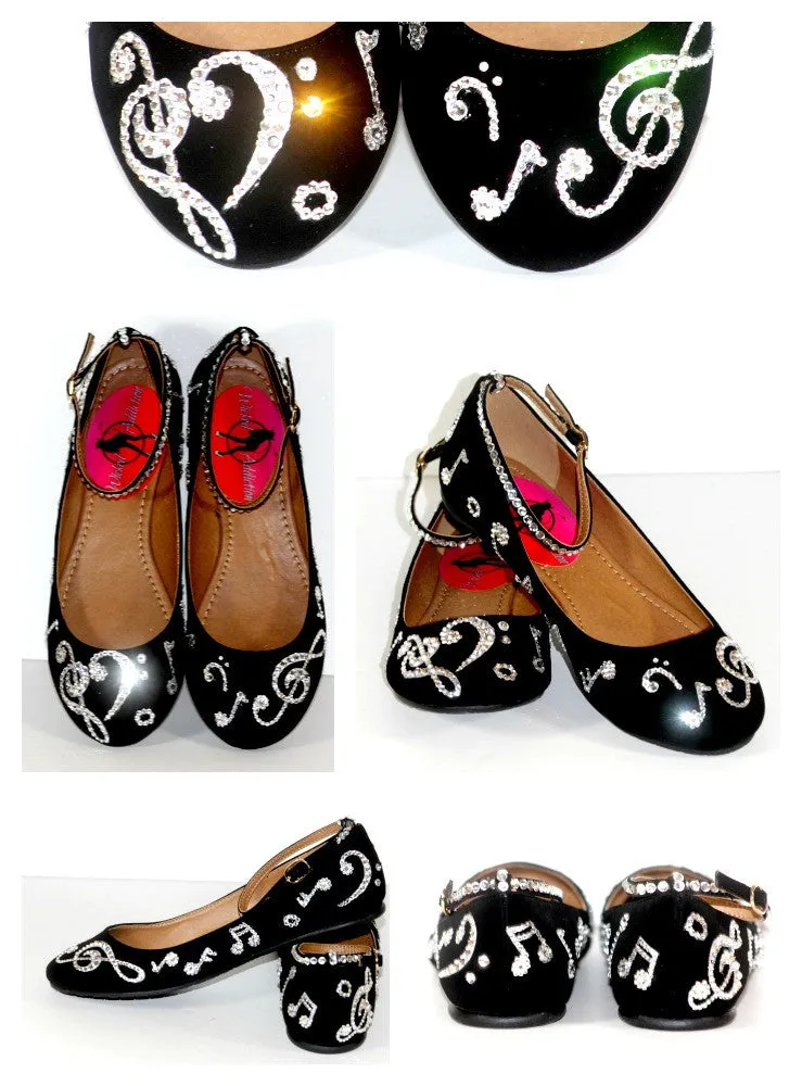 Black Music Note Ballet Flats: Swarovski Crystals