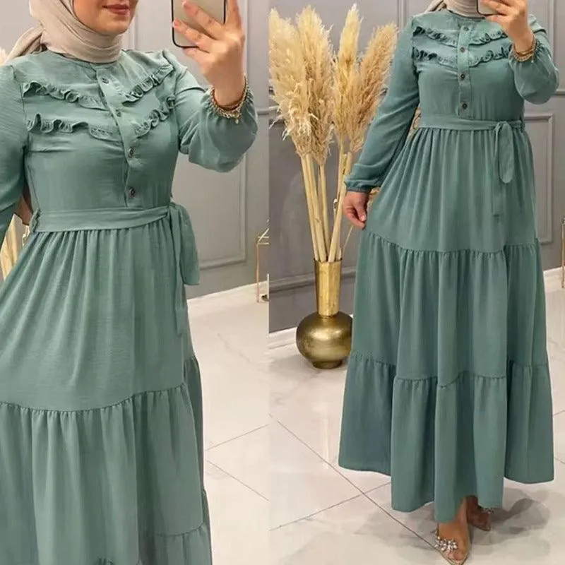 Chic Solid Colour Pleated outfit with Belt for muslim Women