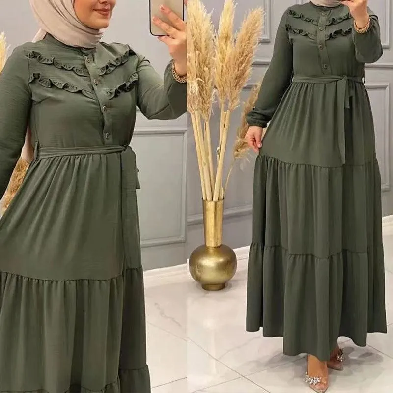 Chic Solid Colour Pleated outfit with Belt for muslim Women