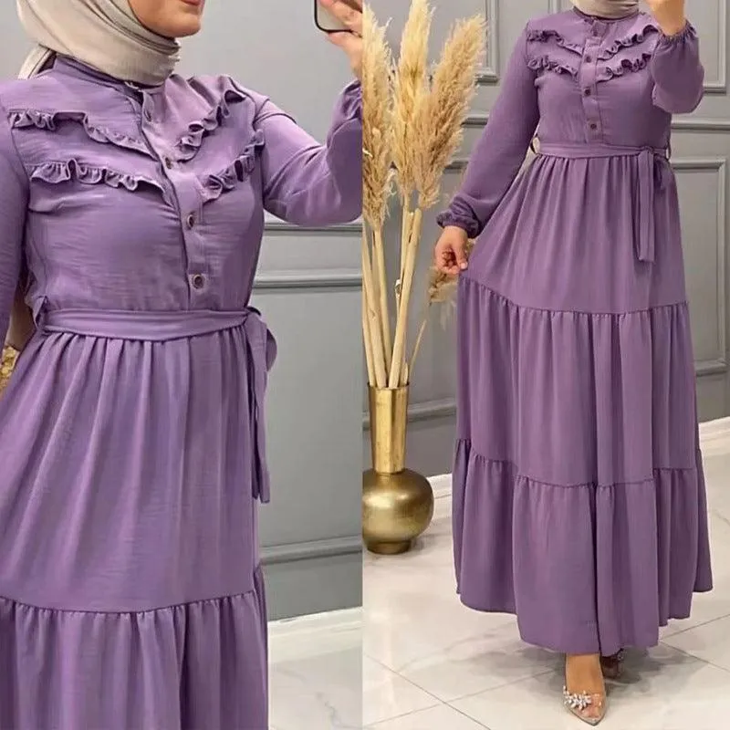 Chic Solid Colour Pleated outfit with Belt for muslim Women