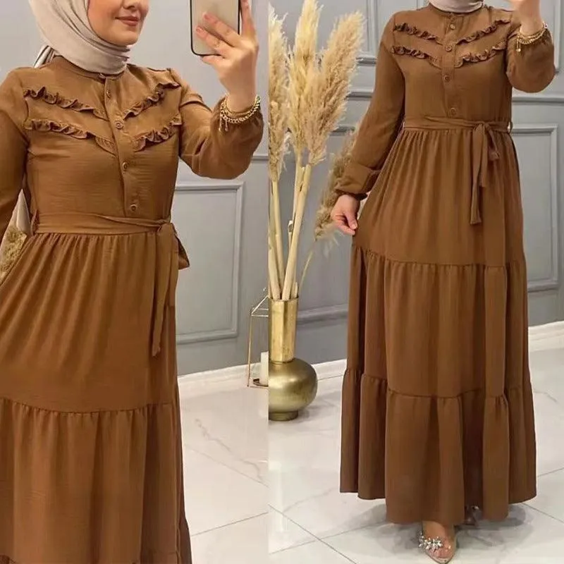 Chic Solid Colour Pleated outfit with Belt for muslim Women