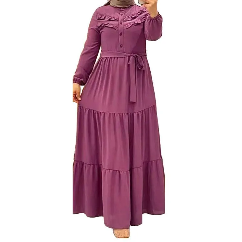 Chic Solid Colour Pleated outfit with Belt for muslim Women