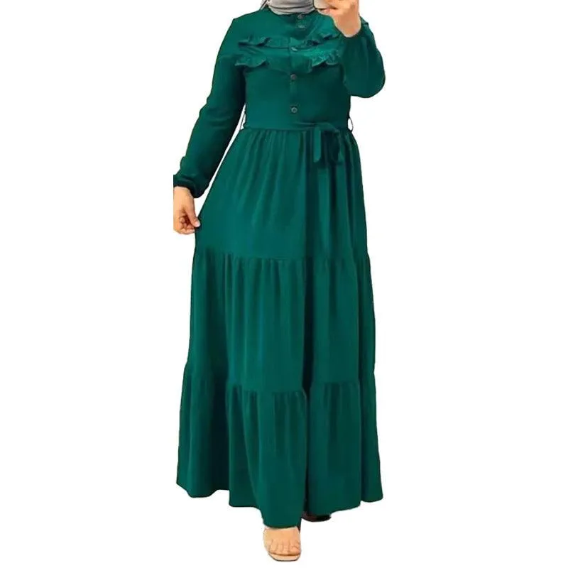 Chic Solid Colour Pleated outfit with Belt for muslim Women