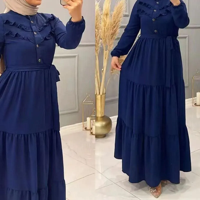 Chic Solid Colour Pleated outfit with Belt for muslim Women