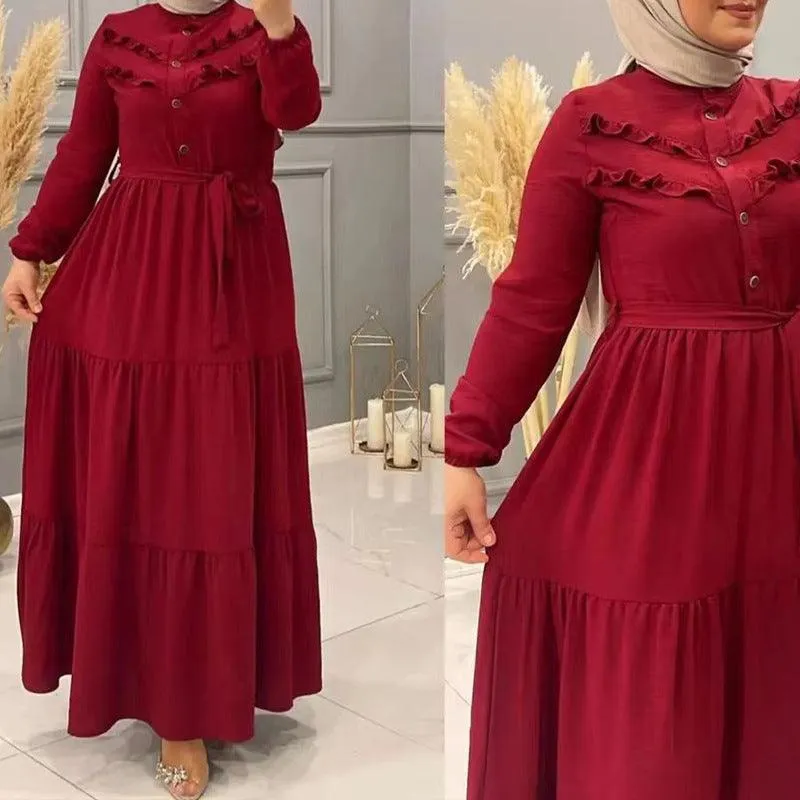 Chic Solid Colour Pleated outfit with Belt for muslim Women