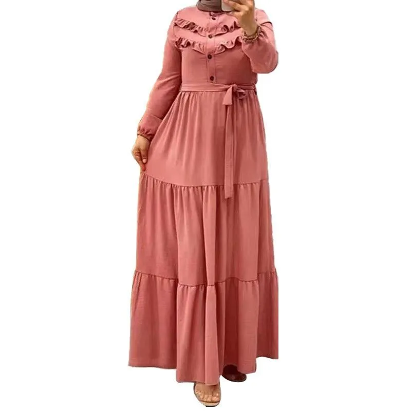 Chic Solid Colour Pleated outfit with Belt for muslim Women