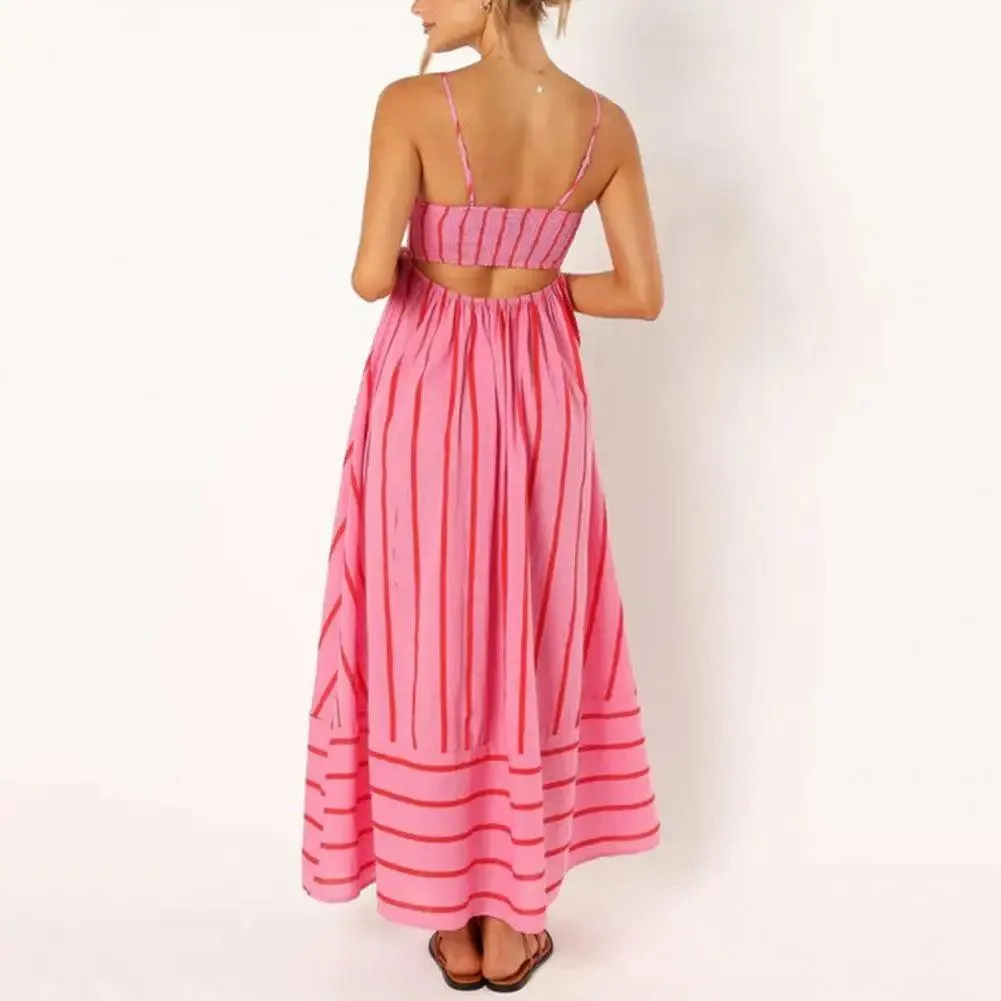 Chic Striped Backless Maxi Sundress with A-line Silhouette for Summer Beach Getaways