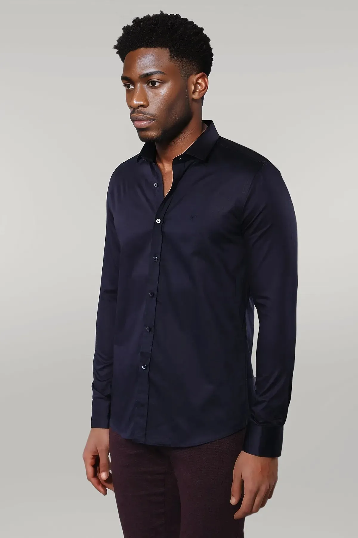 Cotton Satin Slim Fit Long Sleeves Plain Navy Blue Men Shirt - Wessi