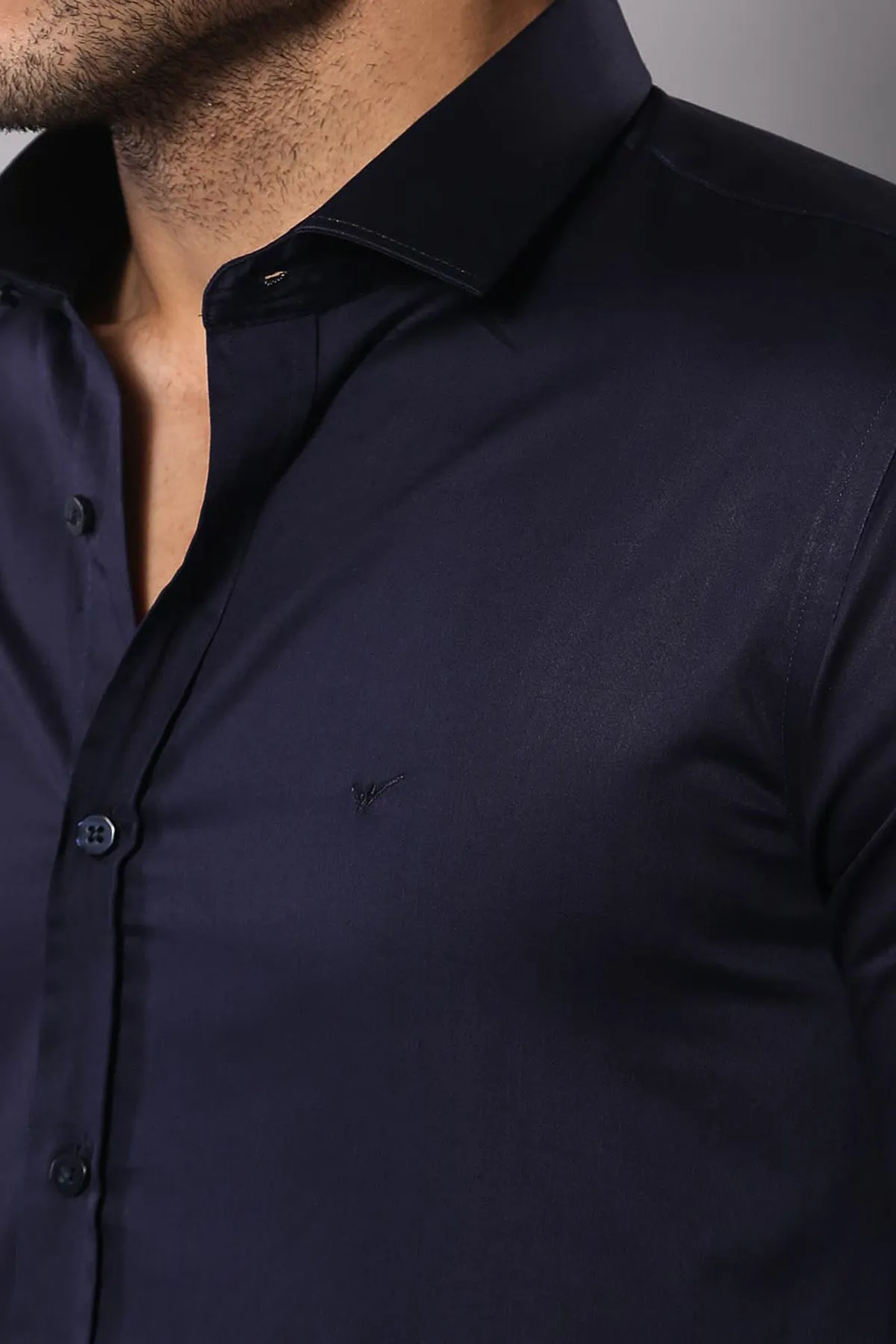 Cotton Satin Slim Fit Long Sleeves Plain Navy Blue Men Shirt - Wessi