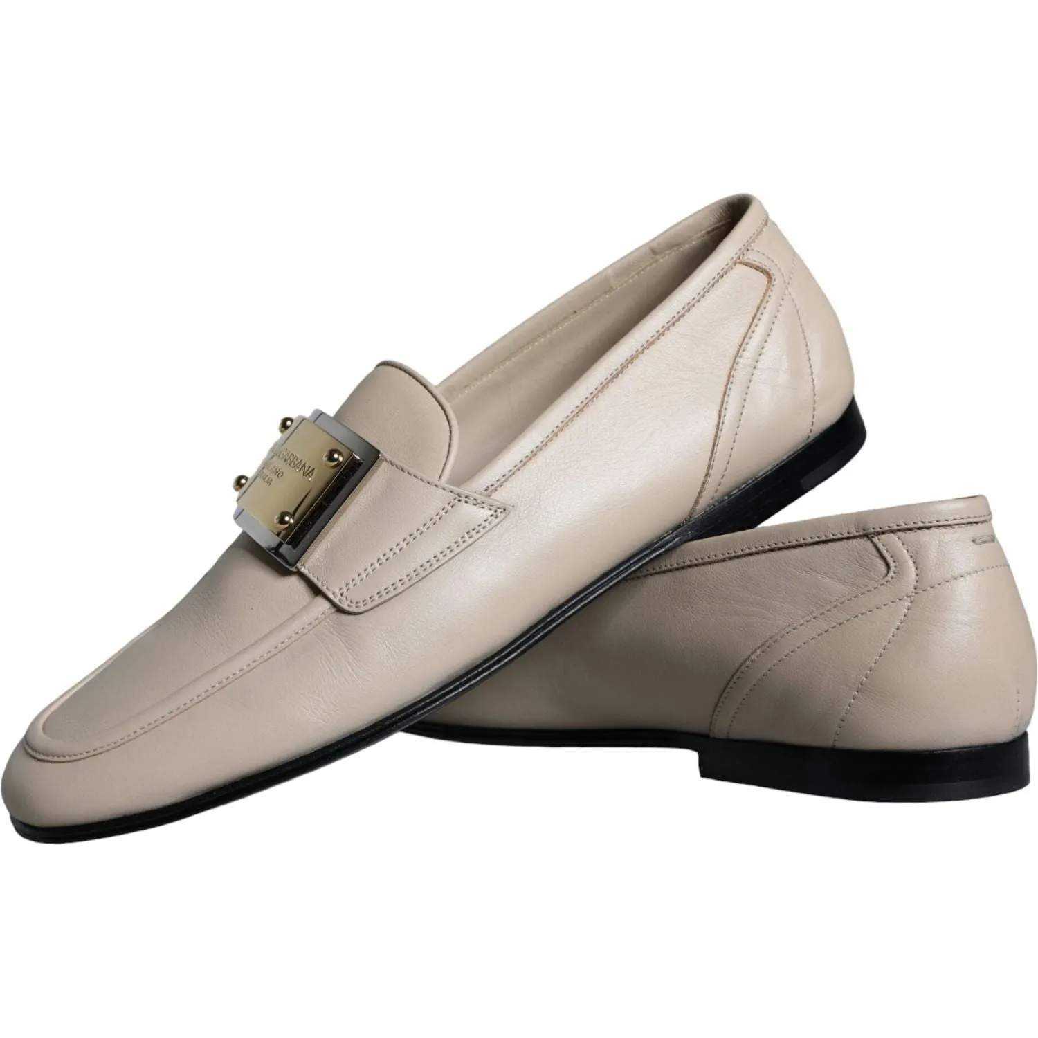 Dolce & Gabbana Beige Leather Logo Plaque Slip On Men Loafers Shoes