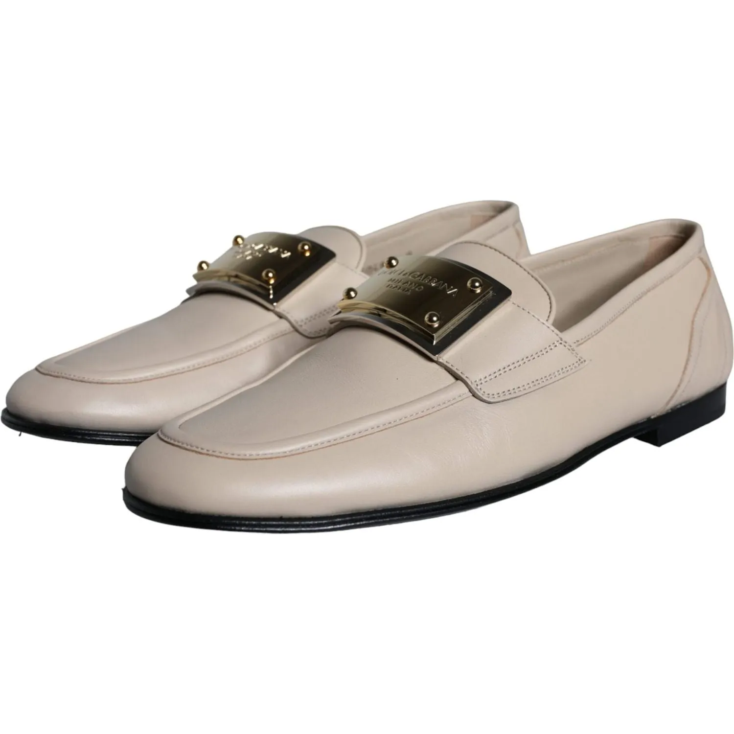 Dolce & Gabbana Beige Leather Logo Plaque Slip On Men Loafers Shoes