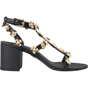 Dolce & Gabbana Black Leather Embellished Heel Sandal Shoes