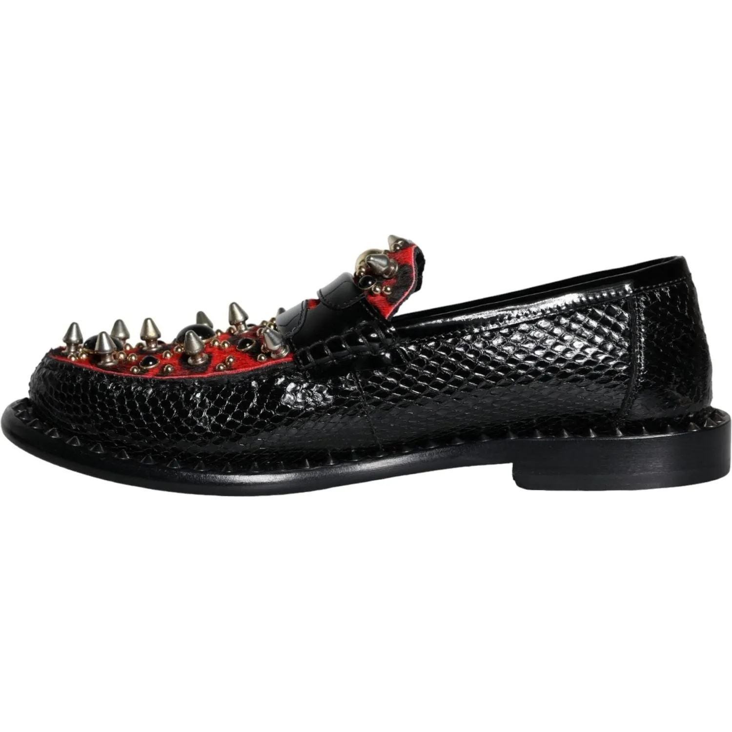 Dolce & Gabbana Black Leopard Print Studs Leather Loafers Shoes