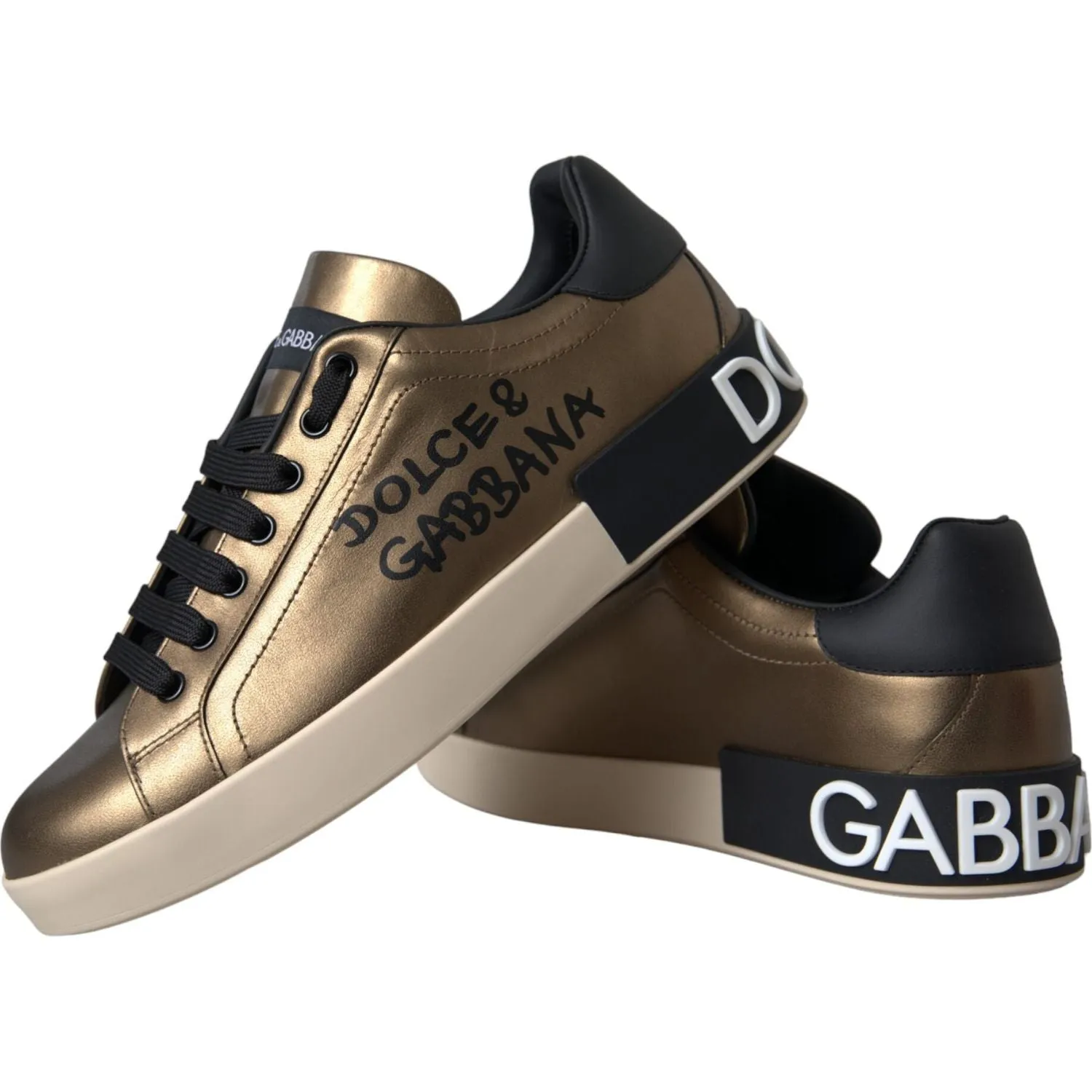 Dolce & Gabbana Gold Black Portofino Calf Leather Sneakers Shoes