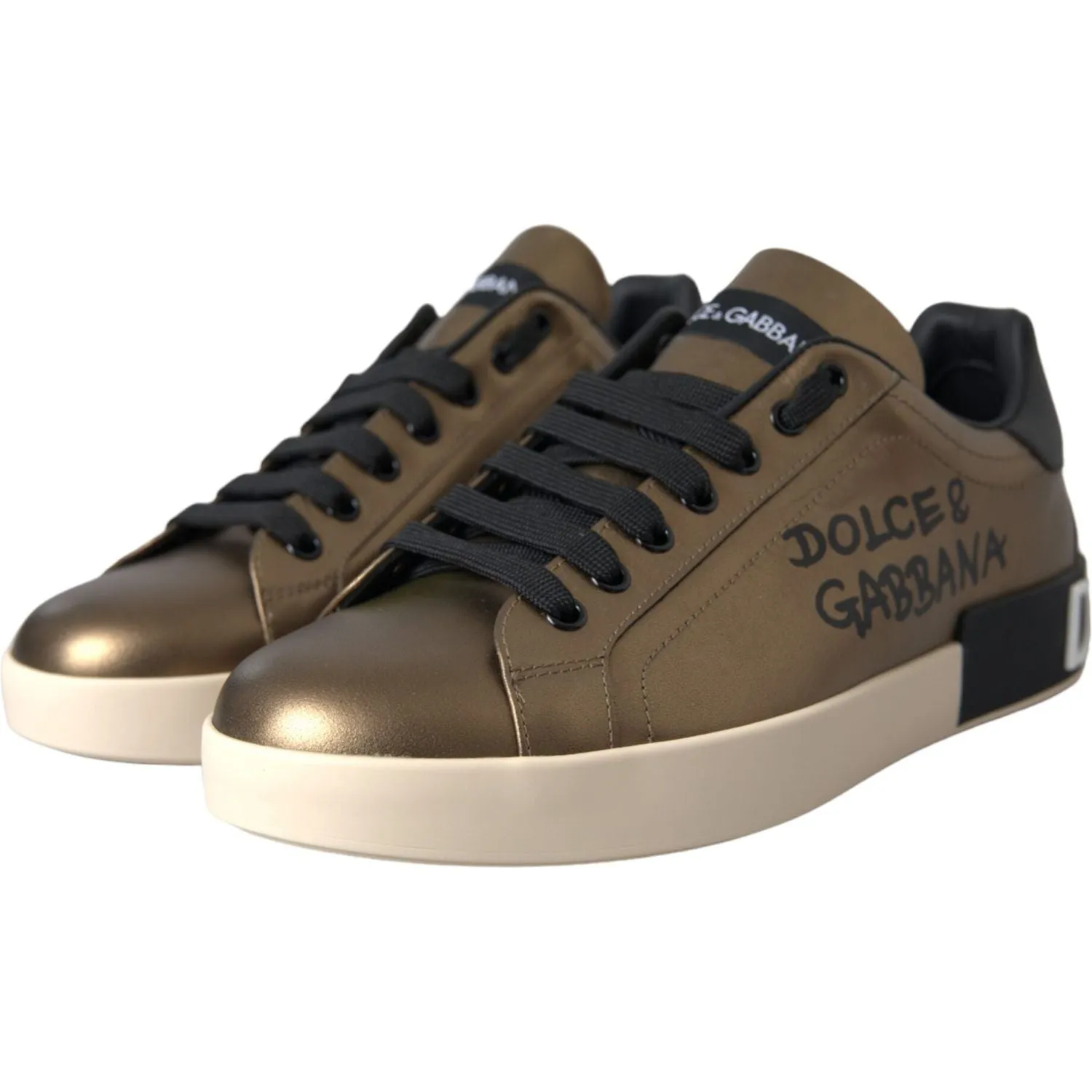 Dolce & Gabbana Gold Black Portofino Calf Leather Sneakers Shoes