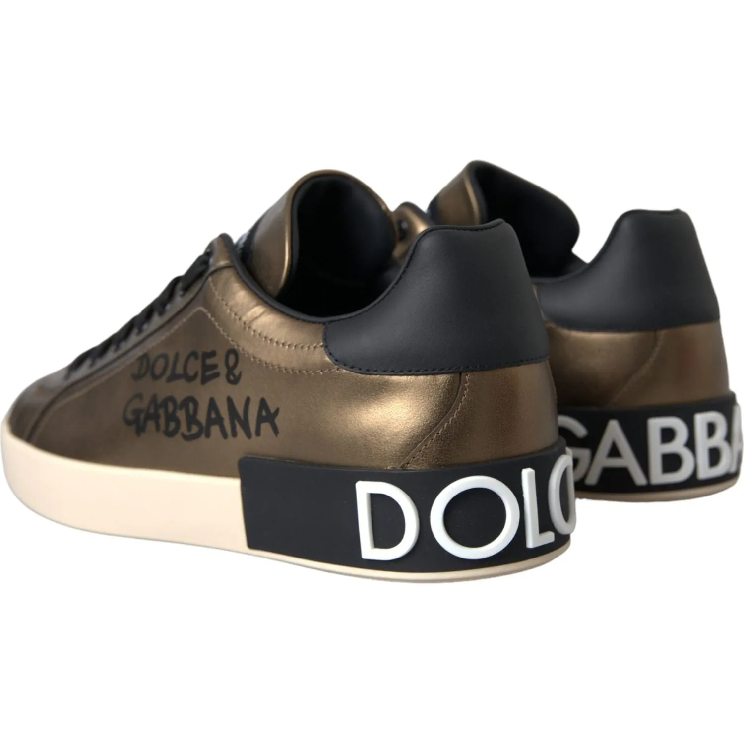 Dolce & Gabbana Gold Black Portofino Calf Leather Sneakers Shoes