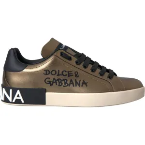 Dolce & Gabbana Gold Black Portofino Calf Leather Sneakers Shoes