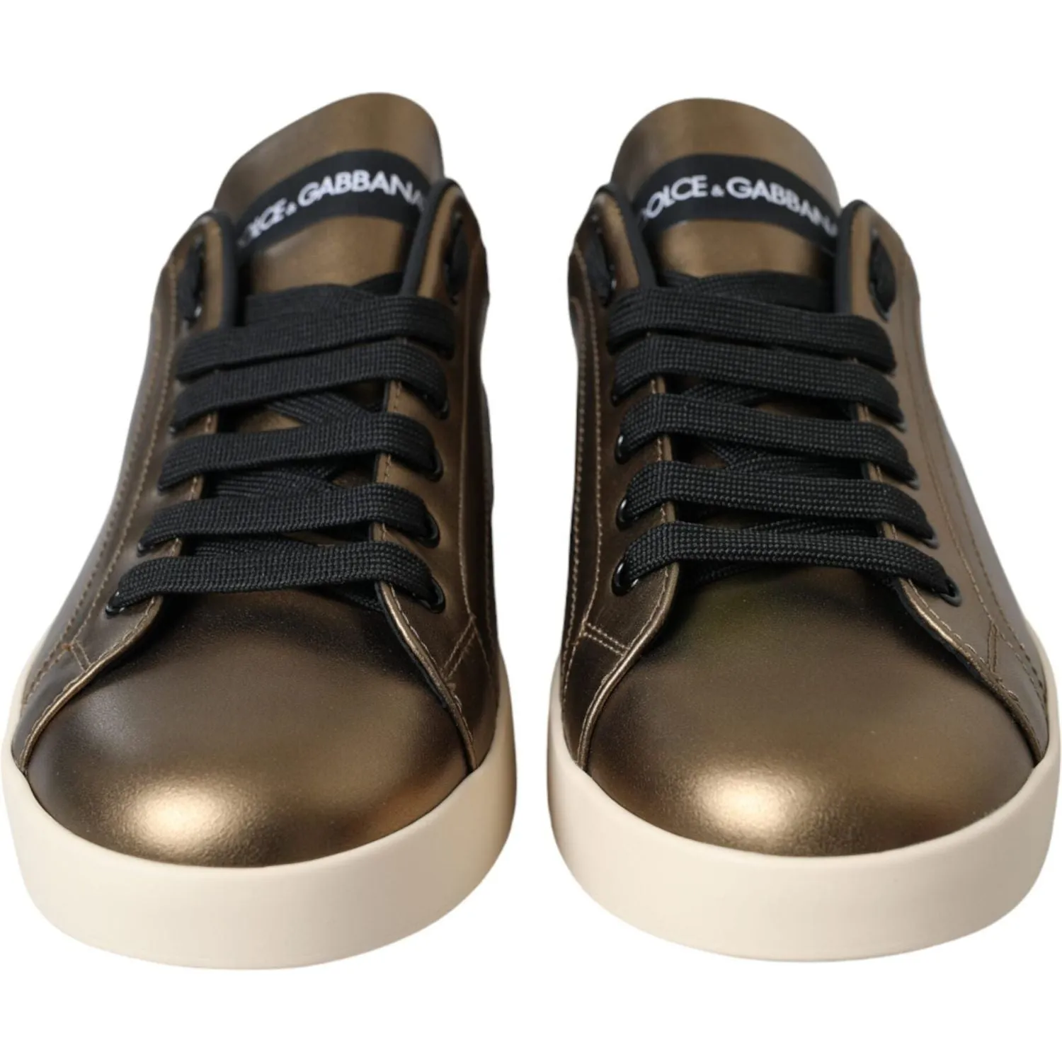 Dolce & Gabbana Gold Black Portofino Calf Leather Sneakers Shoes