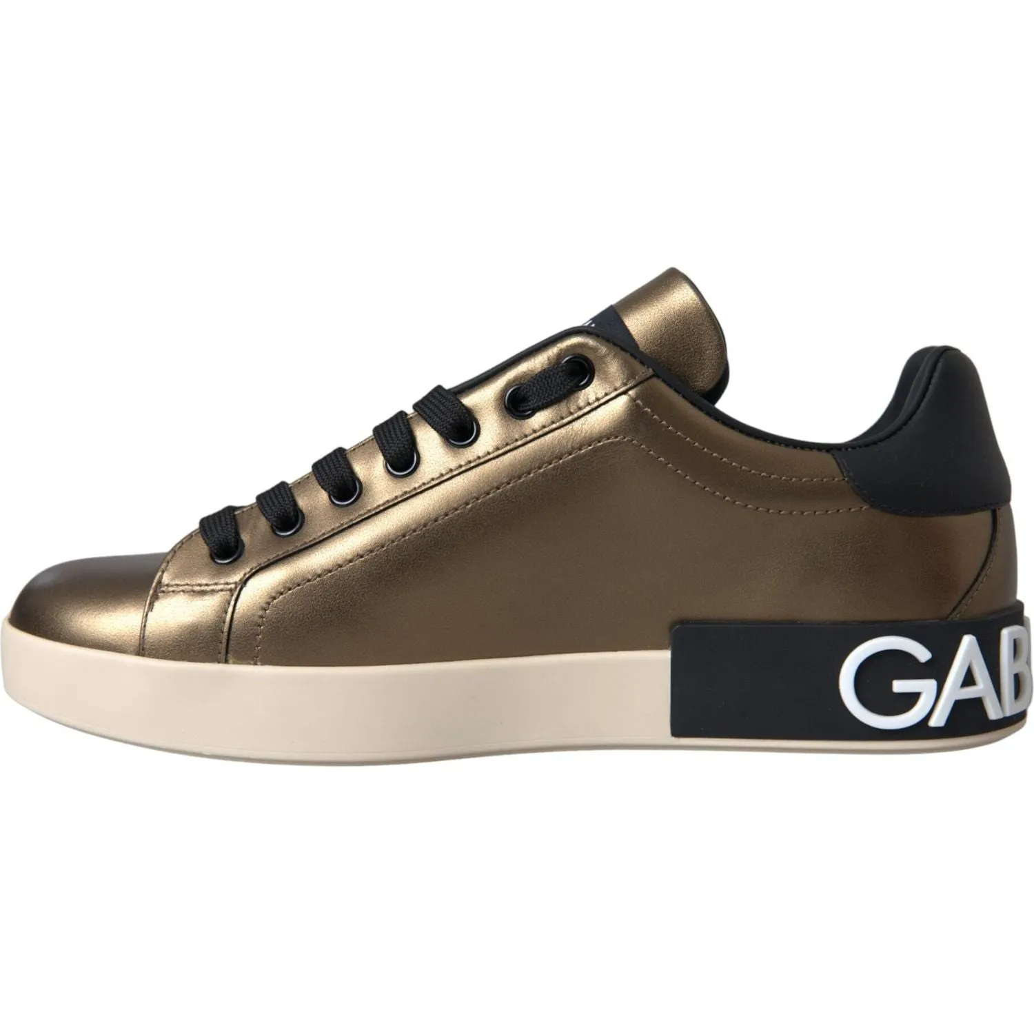 Dolce & Gabbana Gold Black Portofino Calf Leather Sneakers Shoes