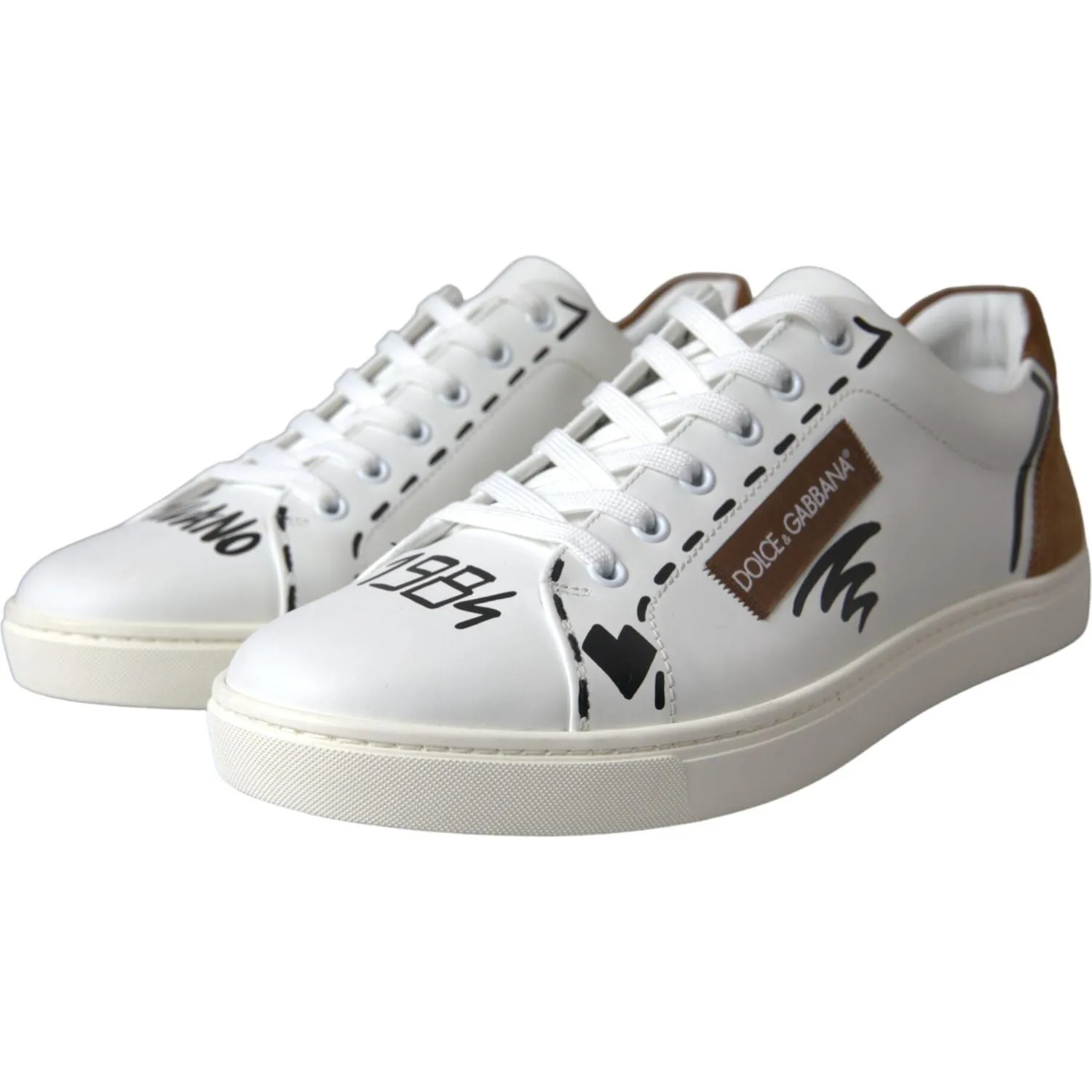 Dolce & Gabbana White Brown Leather Logo Low Top Sneakers Shoes