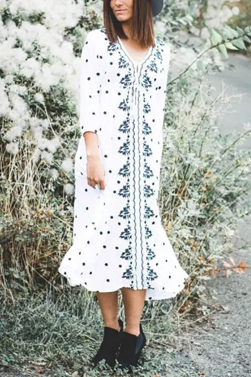 Embroidery V Neck Long Sleeve Maxi Dress