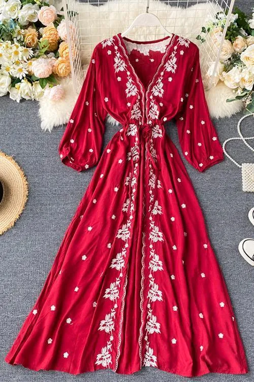 Embroidery V Neck Long Sleeve Maxi Dress