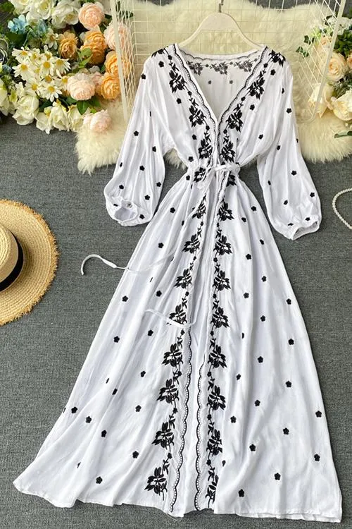 Embroidery V Neck Long Sleeve Maxi Dress