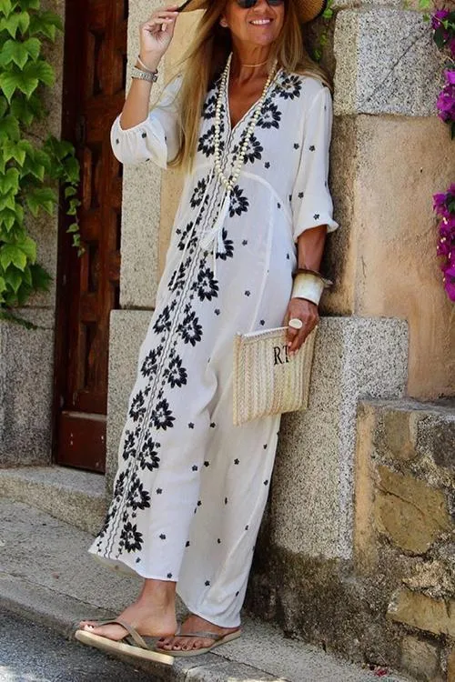 Embroidery V Neck Long Sleeve Maxi Dress