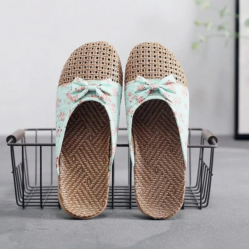 Floral Slip On Flax Slippers Sandals