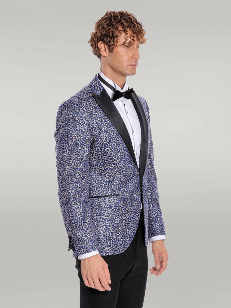 Flower Embroidered Pattern Navy Blue Men Party Blazer - Wessi