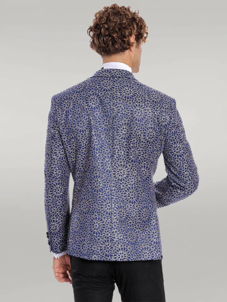 Flower Embroidered Pattern Navy Blue Men Party Blazer - Wessi