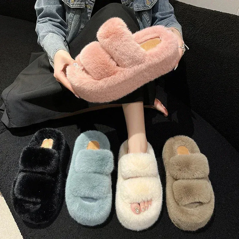 Fluffy Faux Fur Slippers with 7cm Platform – Cozy Fuzzy Slippers for Winter