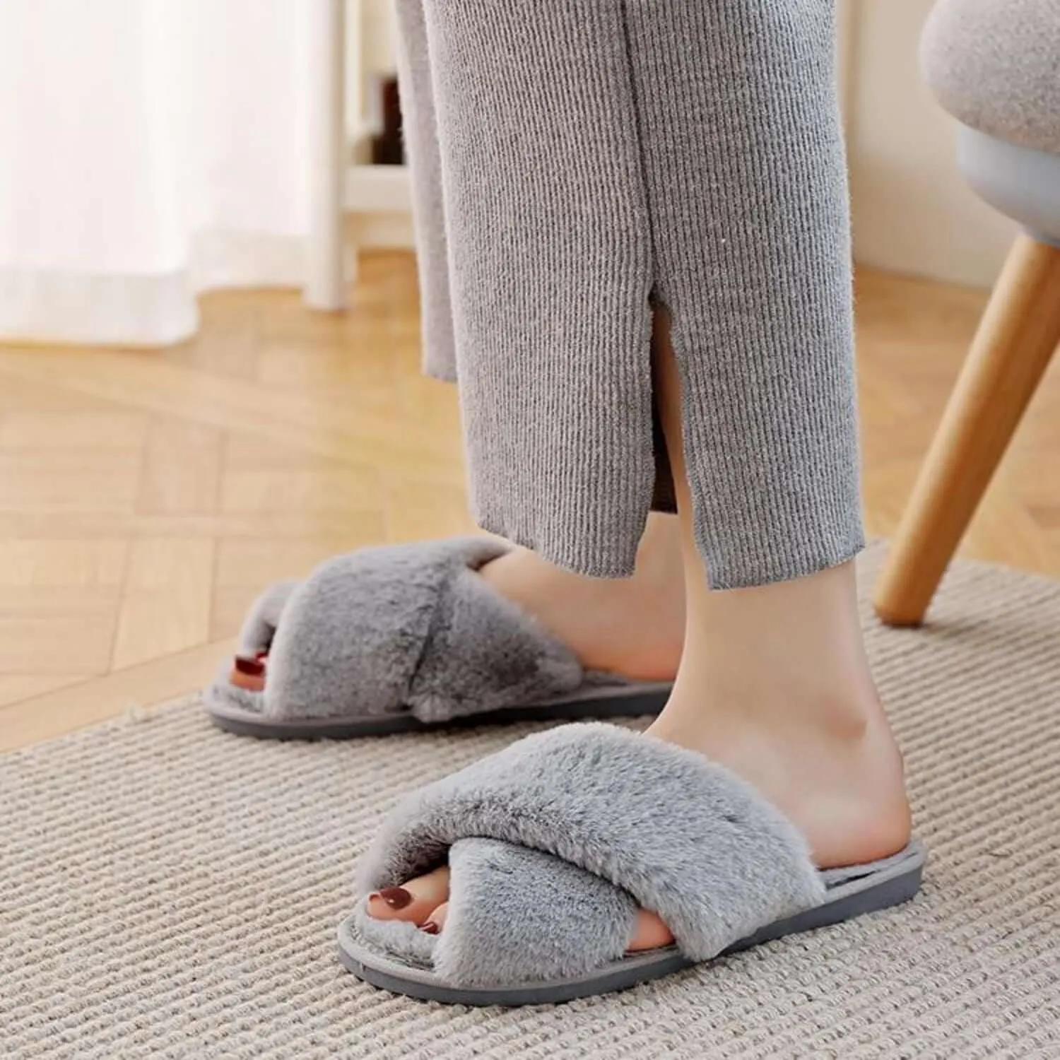 Fuzzy Criss Cross Slippers – Cozy Faux Fur Crossband Slippers for Women