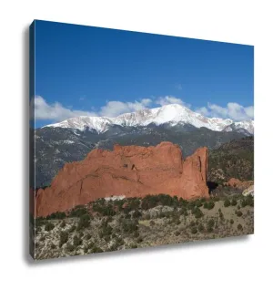 Gallery Wrapped Canvas, Clouds Roll Over Pikes Peak In Colorado Springs With The Red Rock Formation Of