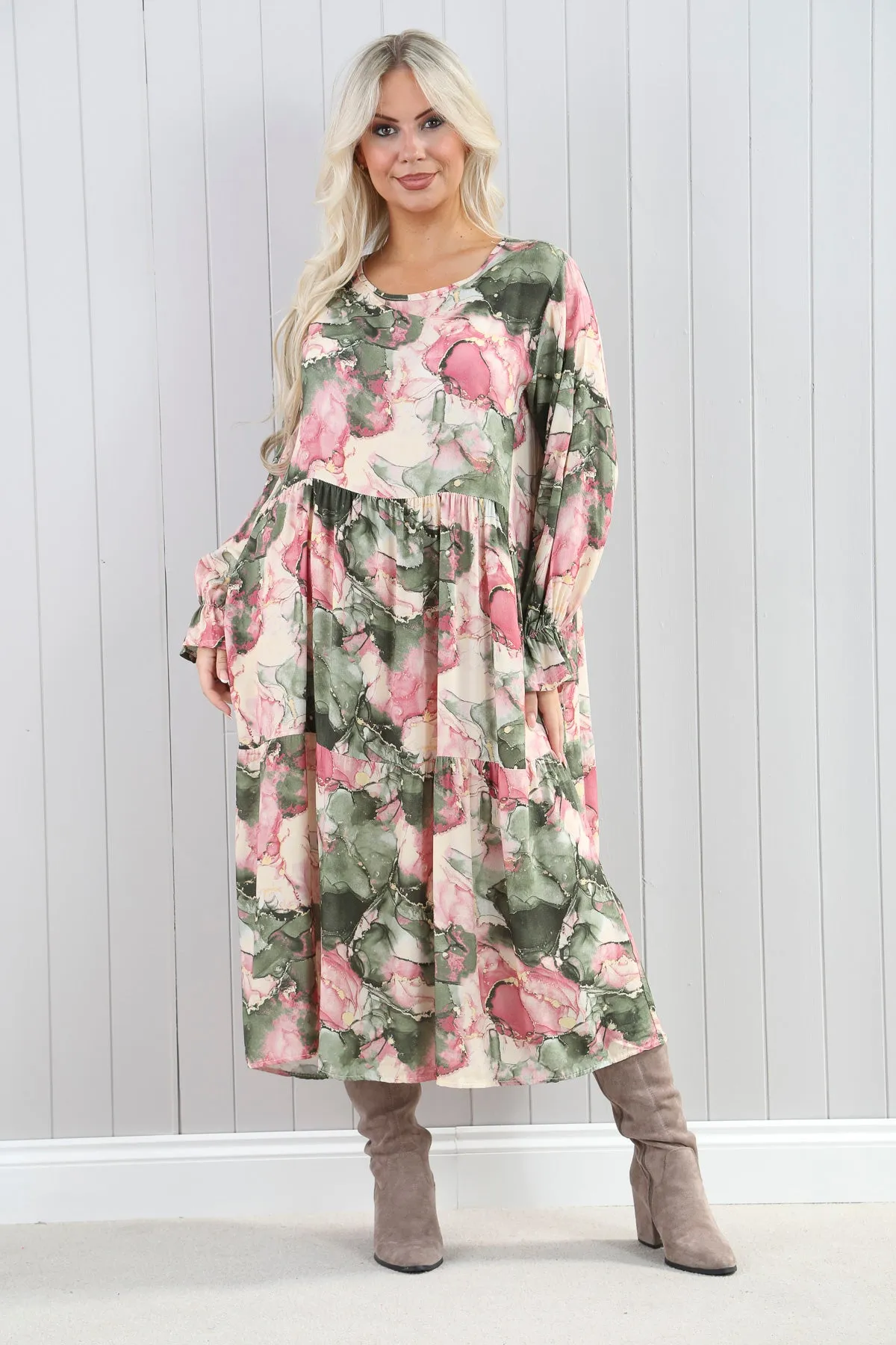 Goose Island 4607 Venice Marble Effect Print Tiered Long Sleeved Midaxi Dress (4 Colours)