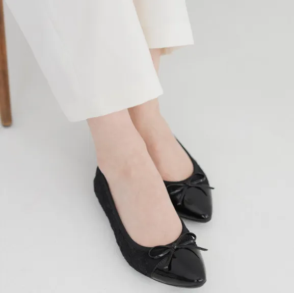 HOLLY Ballet Flat Shoes - Black Glitter Lace