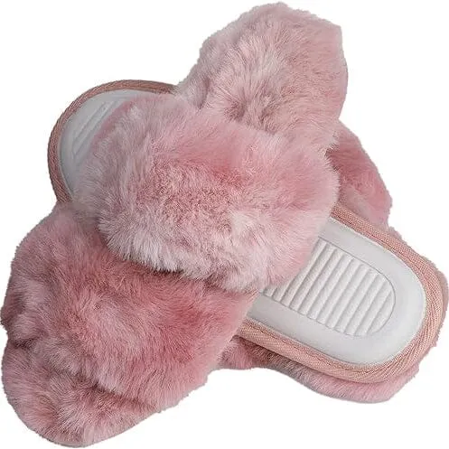 Roxoni Fuzzy House Slippers for Women Comfortable Furry Spa Cozy Slip On Open Toe