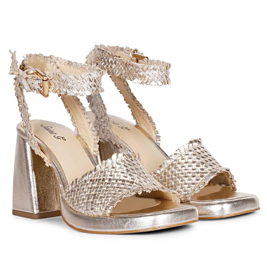 Saint Hannah Metallic Gold Hand Woven Leather Block Heels