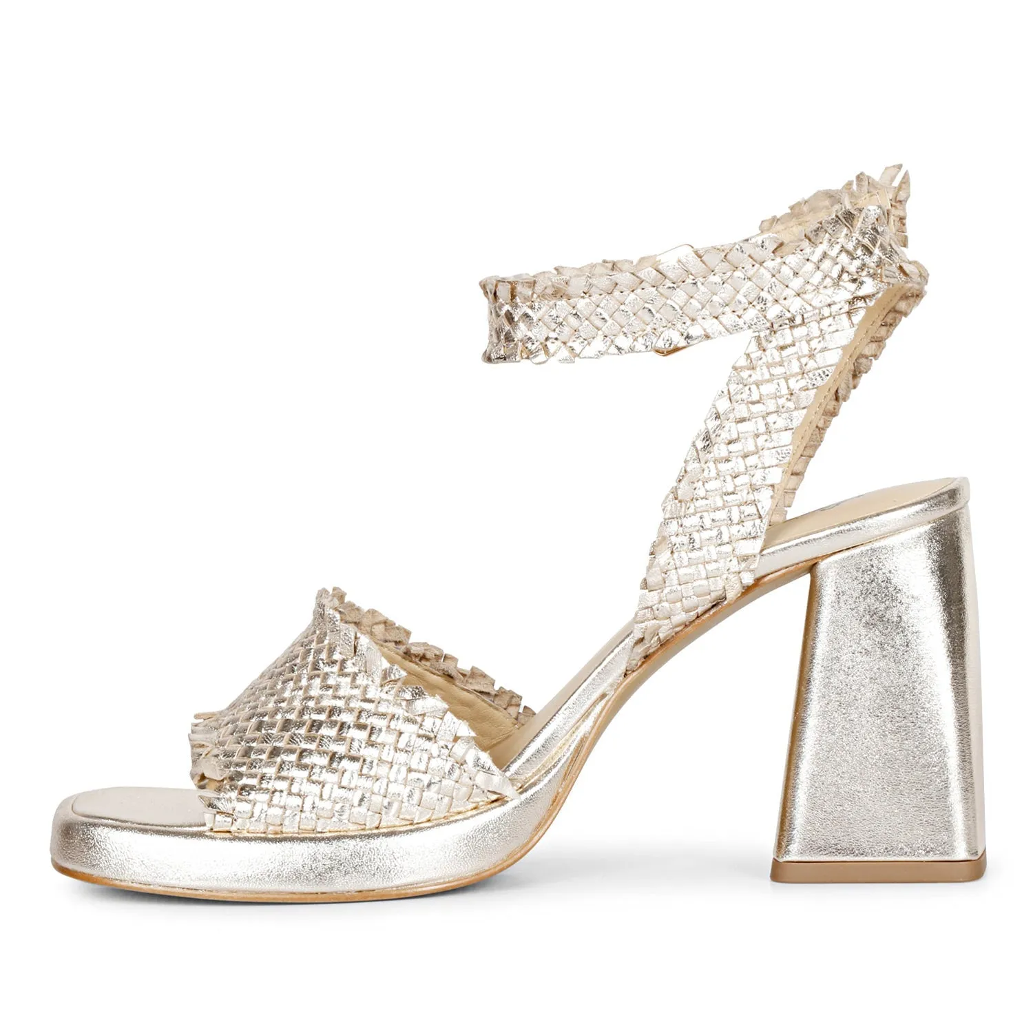 Saint Hannah Metallic Gold Hand Woven Leather Block Heels