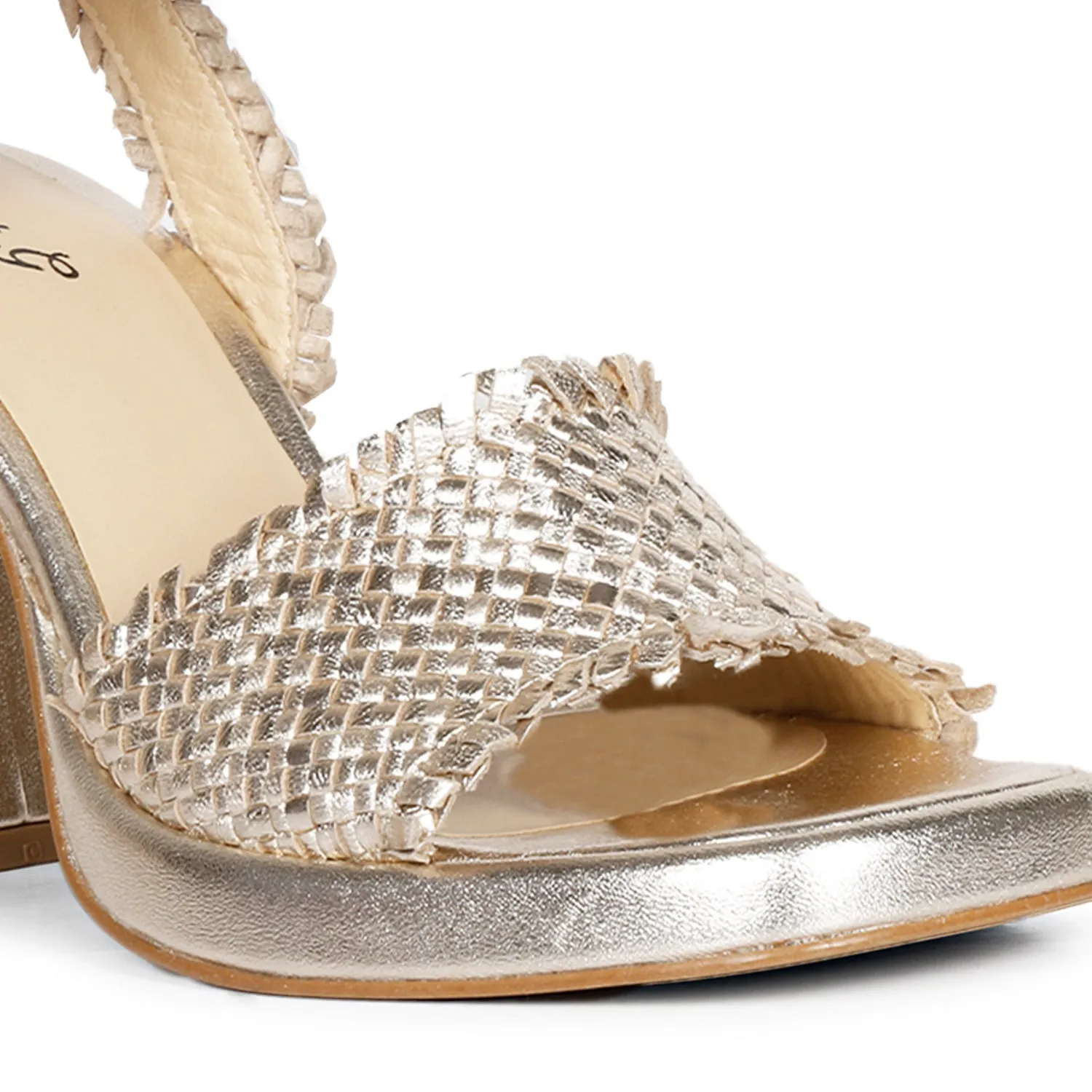 Saint Hannah Metallic Gold Hand Woven Leather Block Heels