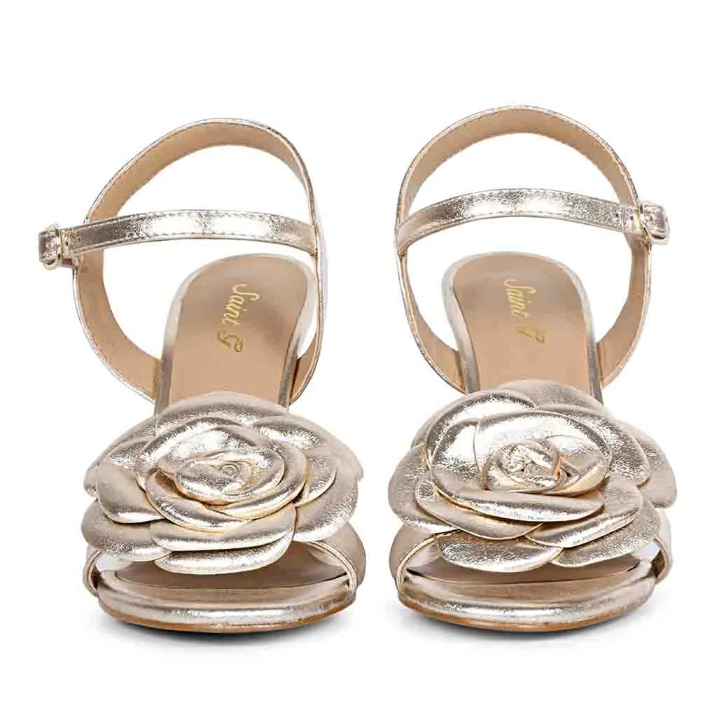 Saint Veronique Flower Embellished Platin Metallic Leather Stilettos