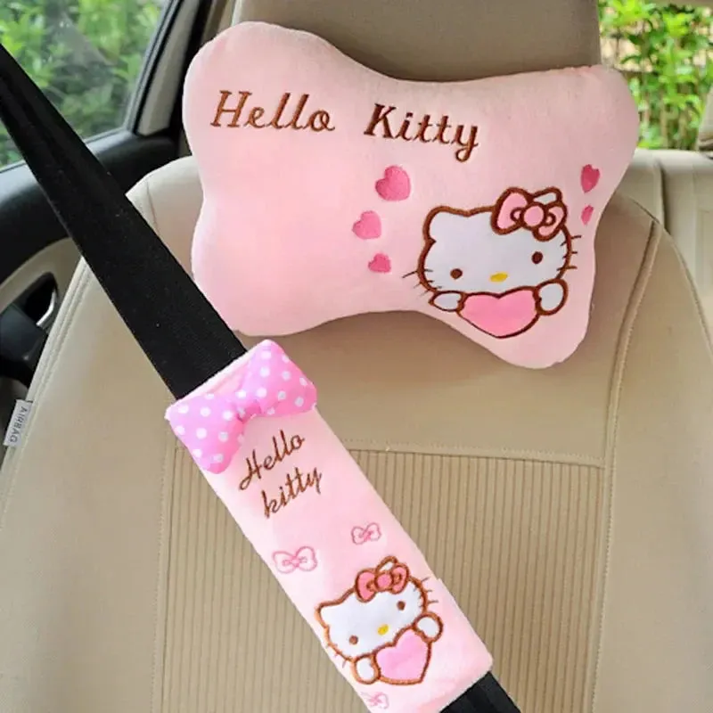 Sanrio Hello Kitty & Kuromi Plush Car Neck Pillow & Seat Belt Cover – Kawaii Anime Plushie Dol