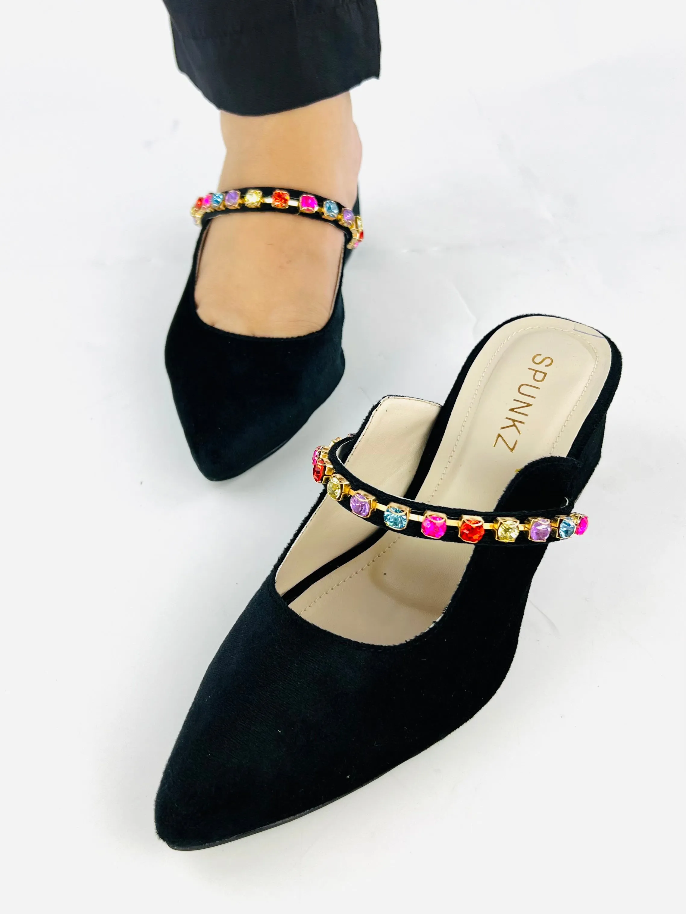 Spunkz Jewel Velvet Loafer Block Heel Shoes for Women